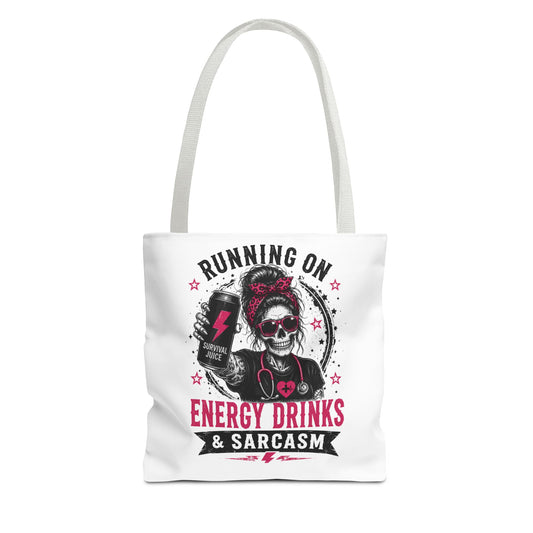Tote — "Running On Energy Drinks & Sarcasm" Skull Graphic Tote Bag