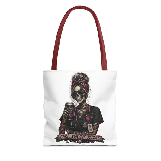 Skull Nurse Tote Bag — "Care. Survive. Repeat." Gothic Medical Tote