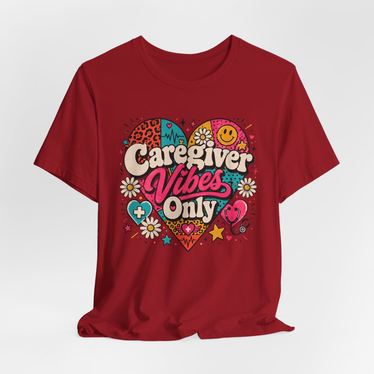 Caregiver Vibes Only T-Shirt — Retro Heart Graphic Tee for Nurses, Caregivers & Healthcare Heroes