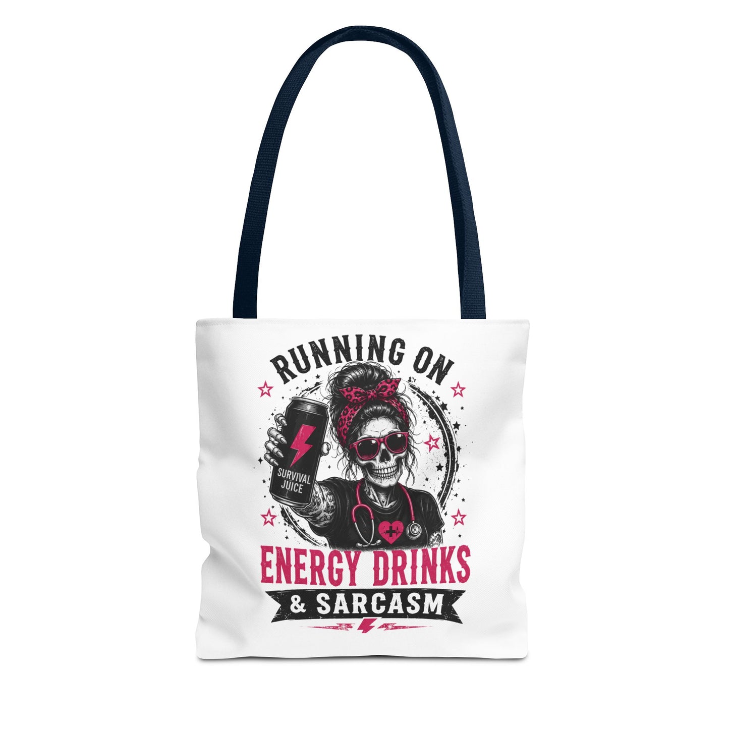 Tote — "Running On Energy Drinks & Sarcasm" Skull Graphic Tote Bag