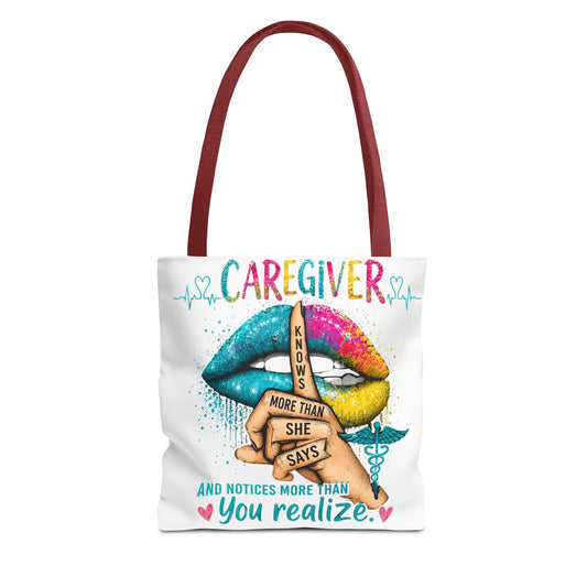 Caregiver Tote Bag — "Knows More Than She Says" Colorful Appreciation Tote