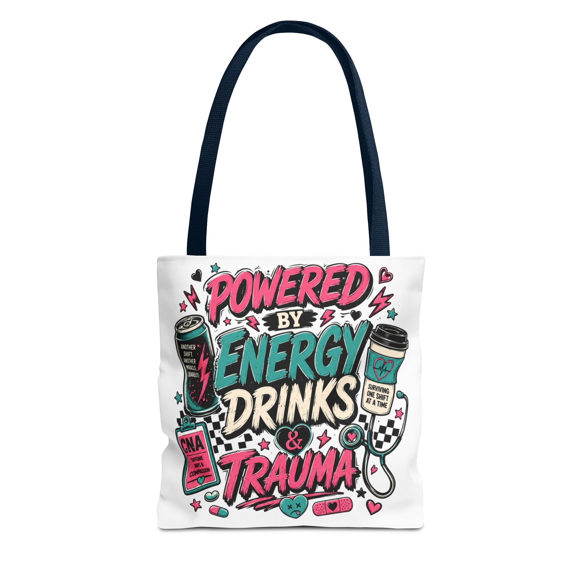 Tote Bag — "Powered by Energy Drinks & Trauma" Graphic Tote for Students, Gamers & Night Owls