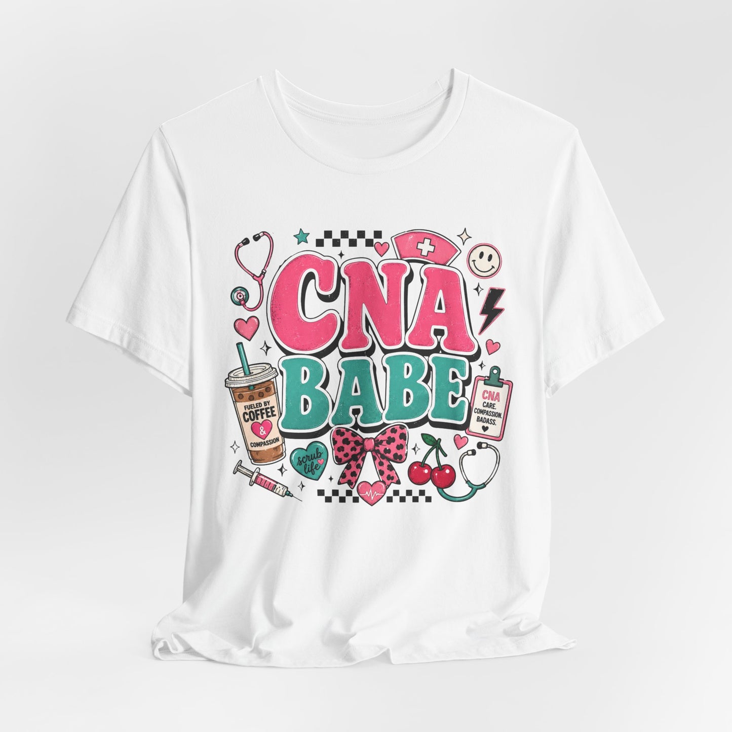 CNA Babe Graphic Tee - Cute Nurse Aide Shirt with Stethoscope, Syringe & Coffee Design