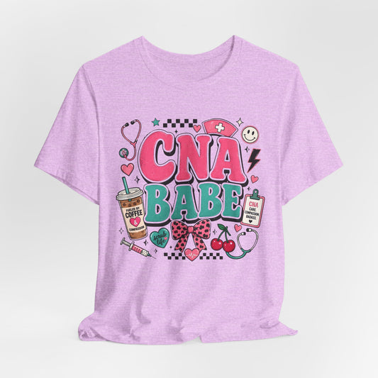 CNA Babe Graphic Tee - Cute Nurse Aide Shirt with Stethoscope, Syringe & Coffee Design