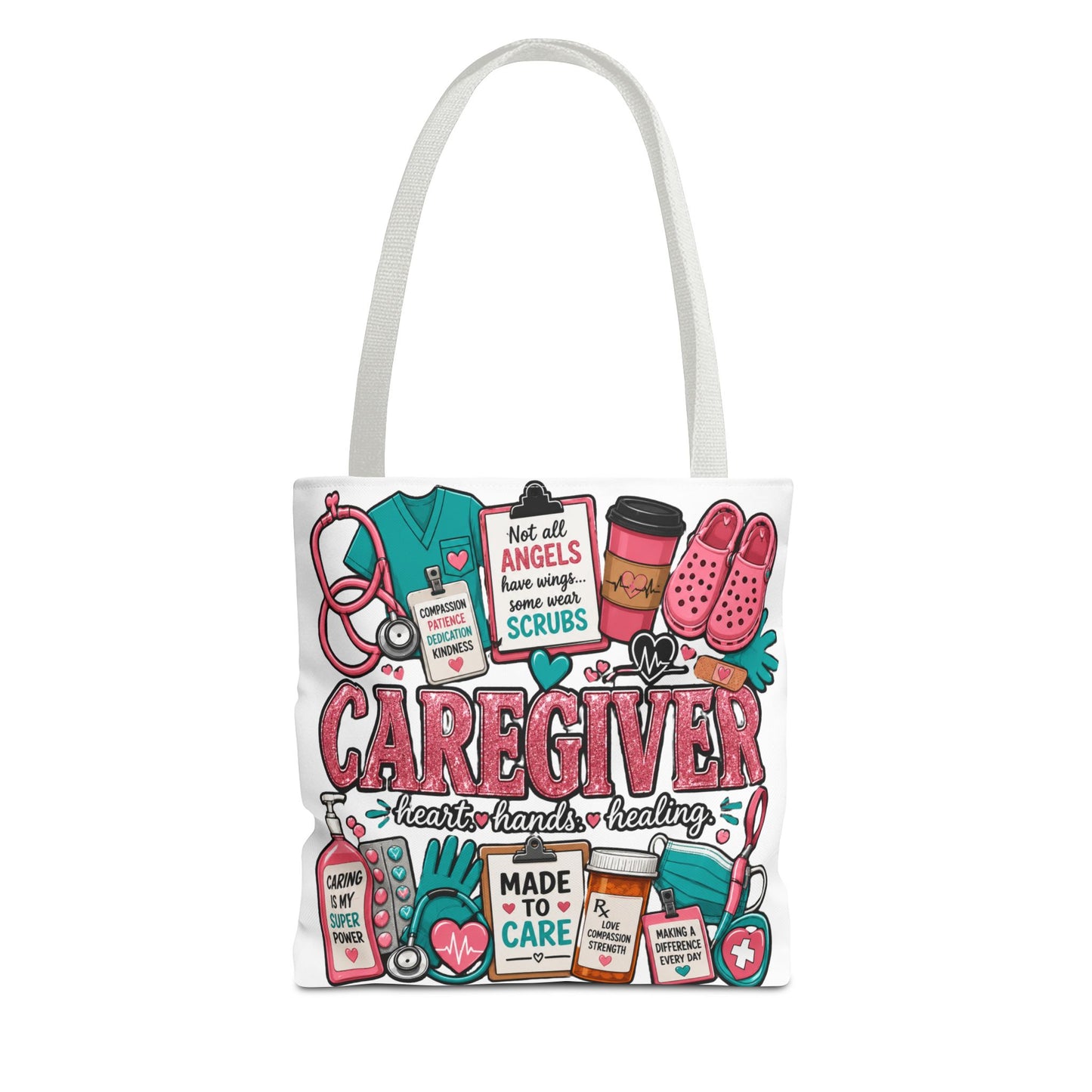 Caregiver Tote Bag — Heart Hands Healing Medical Staff Gift (Scrubs, Stethoscope)