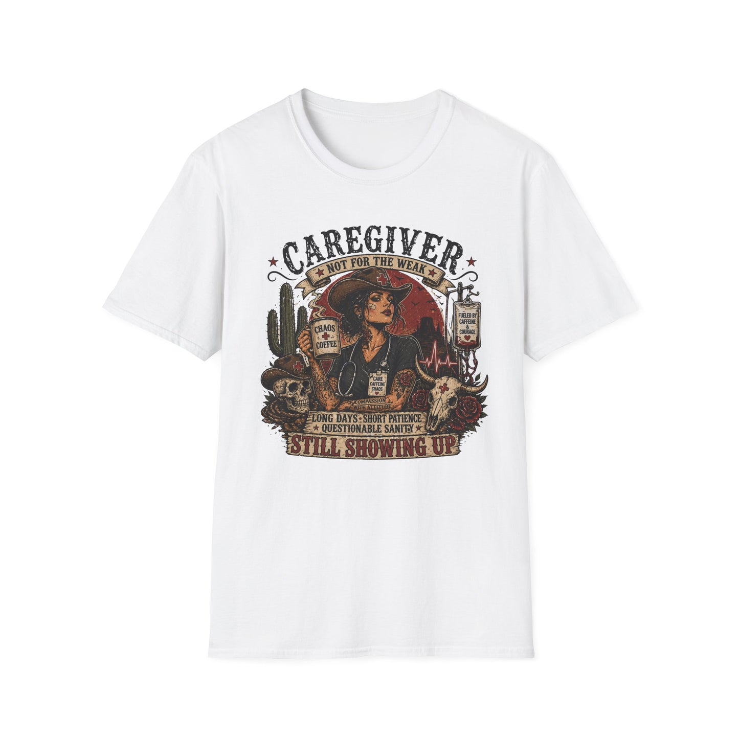 Caregiver Cowboy T-Shirt — "Caregiver: Still Showing Up" Graphic Tee