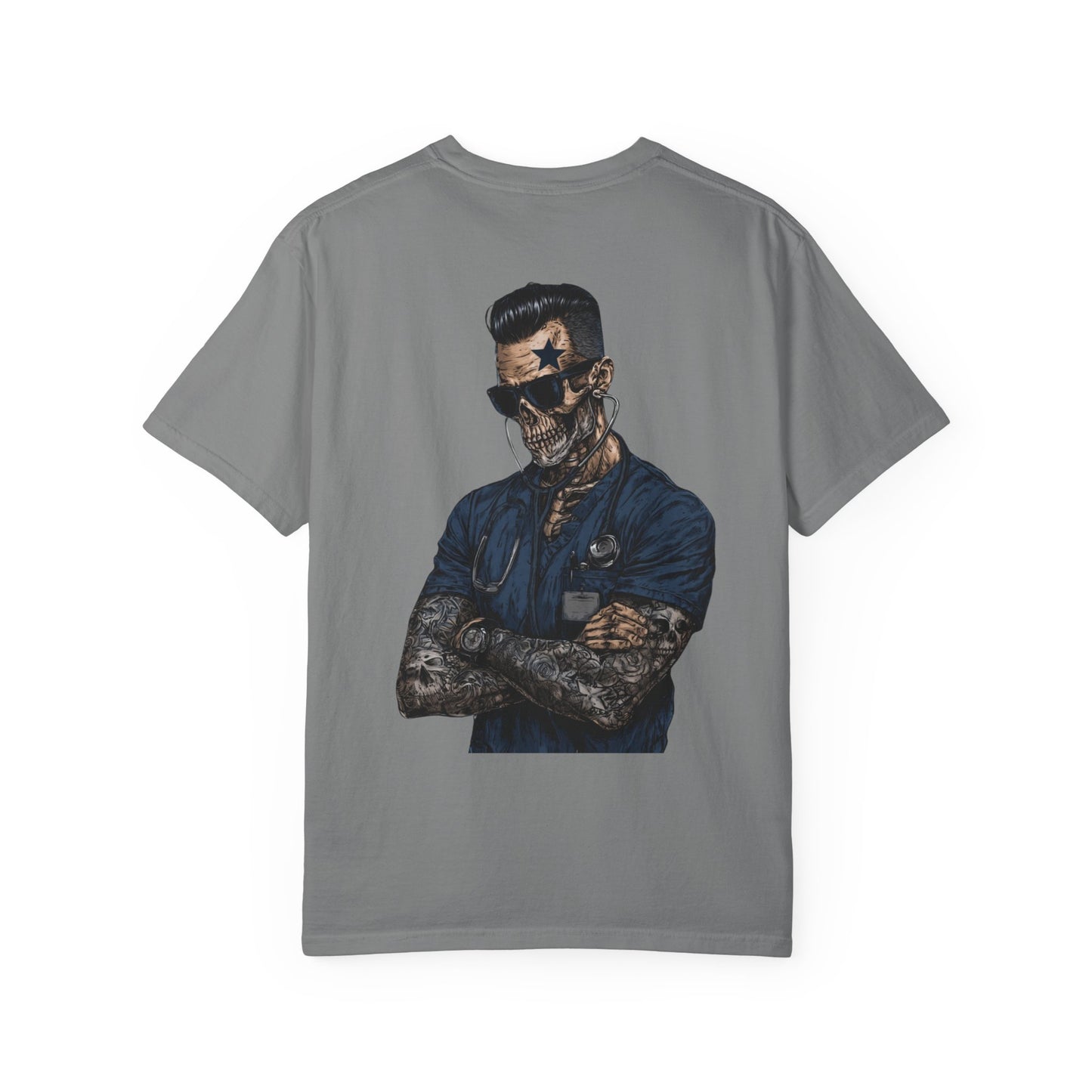 Skull Nurse Graphic T-Shirt — Men  Tattooed Medical Punk Back Print