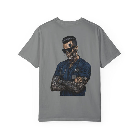 Skull Nurse Graphic T-Shirt — Men  Tattooed Medical Punk Back Print