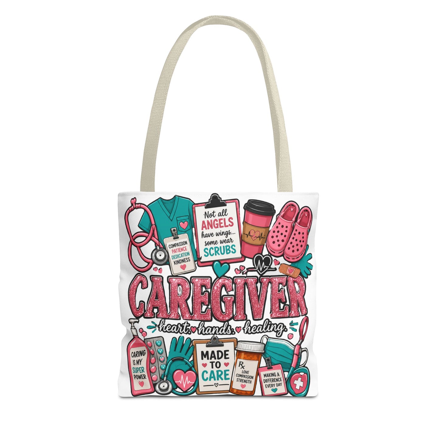 Caregiver Tote Bag — Heart Hands Healing Medical Staff Gift (Scrubs, Stethoscope)
