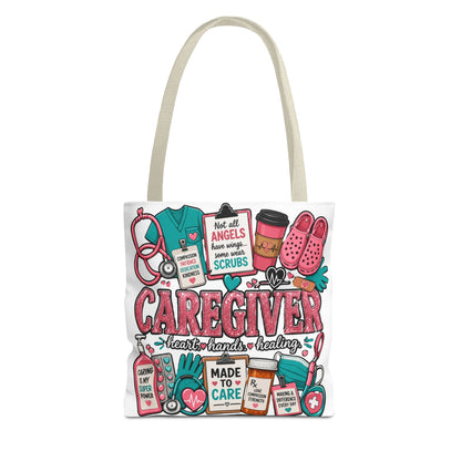 Caregiver Tote Bag — Heart Hands Healing Medical Staff Gift (Scrubs, Stethoscope)