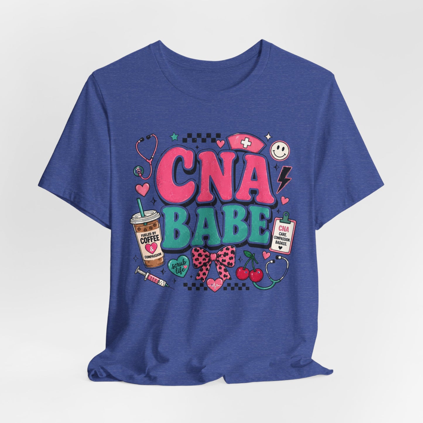 CNA Babe Graphic Tee - Cute Nurse Aide Shirt with Stethoscope, Syringe & Coffee Design
