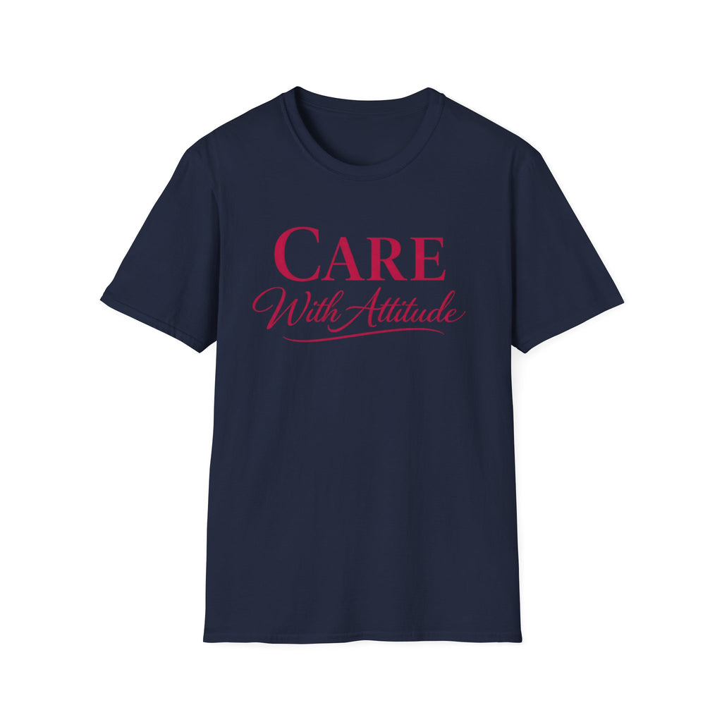 Camiseta "Cuidado con Actitud" — Camiseta de autocuidado con escritura elegante