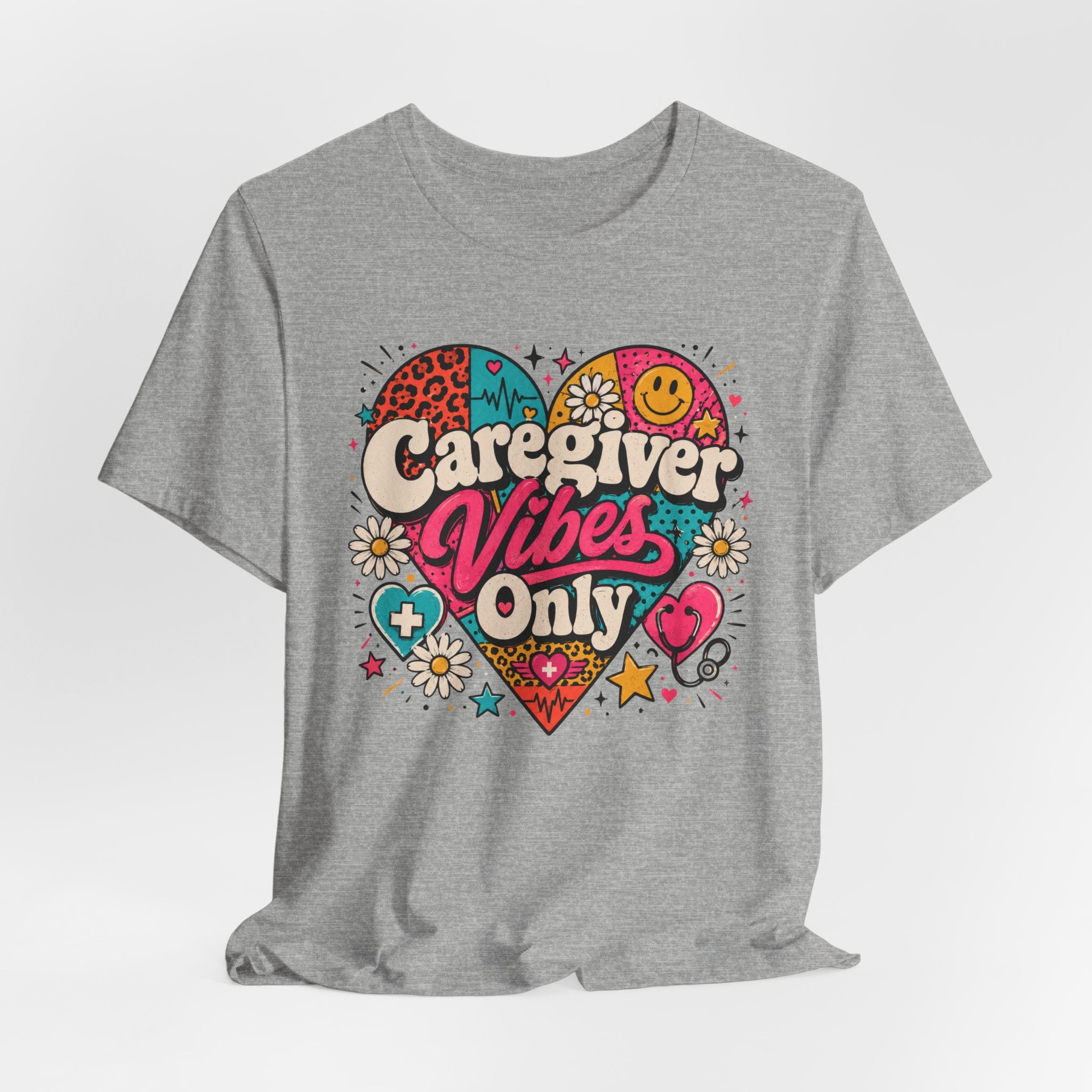 Caregiver Vibes Only T-Shirt — Retro Heart Graphic Tee for Nurses, Caregivers & Healthcare Heroes