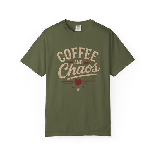 Coffee and Chaos T-Shirt – Vintage Script Graphic Tee for Coffee Lovers