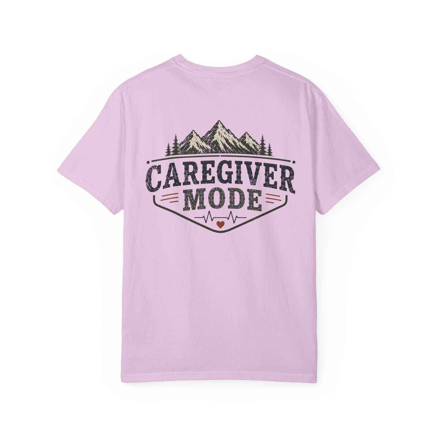 Caregiver Mode T-Shirt — Heartbeat Logo & Mountain Graphic