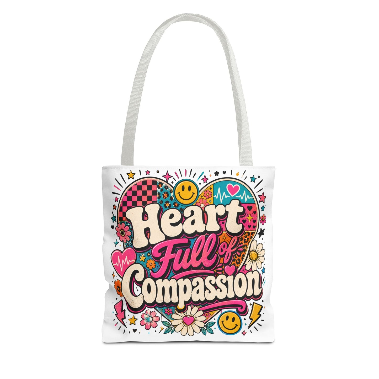 Compassion Heart Tote Bag — "Heart Full of Compassion" Colorful Floral Everyday Tote