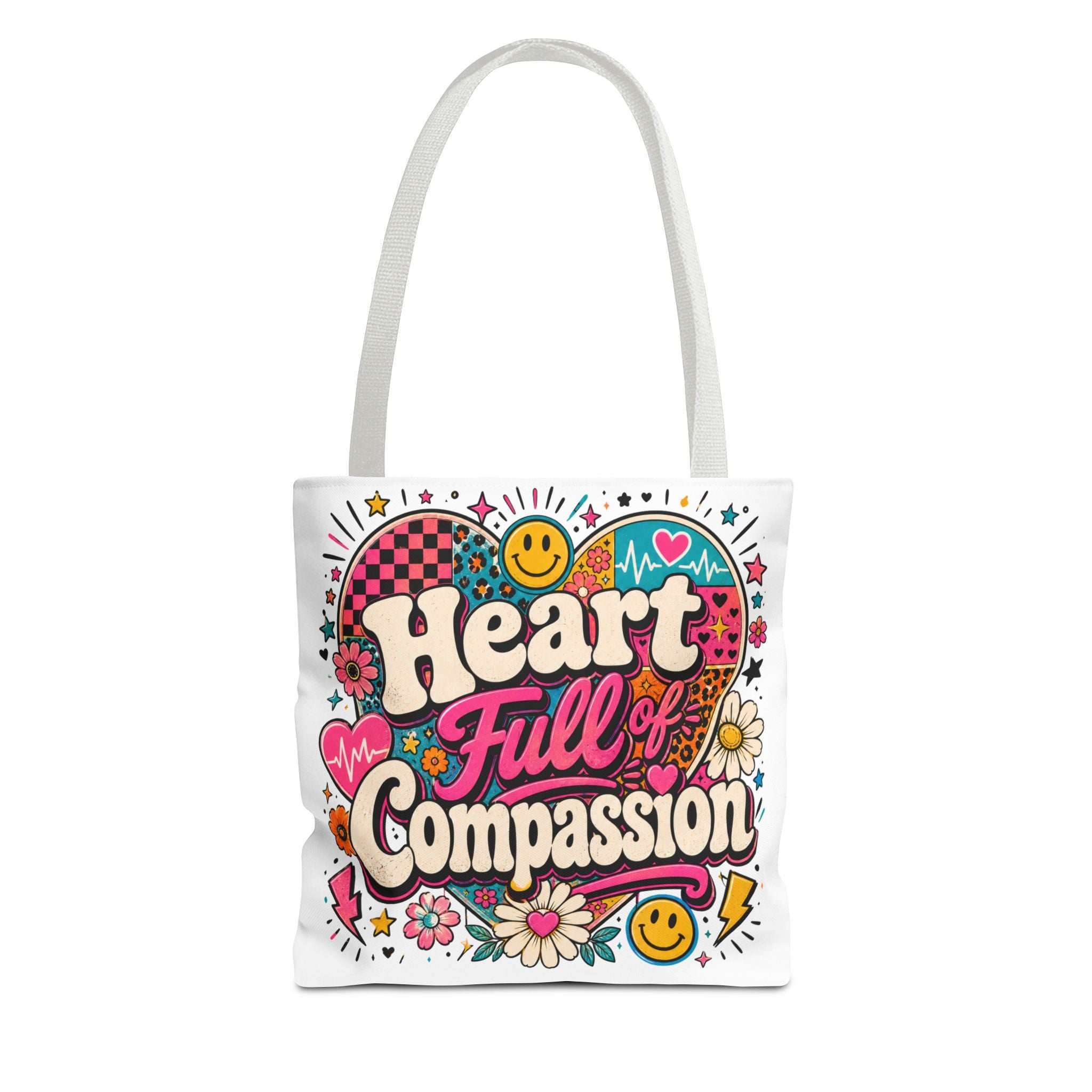 Compassion Heart Tote Bag — "Heart Full of Compassion" Colorful Floral Everyday Tote