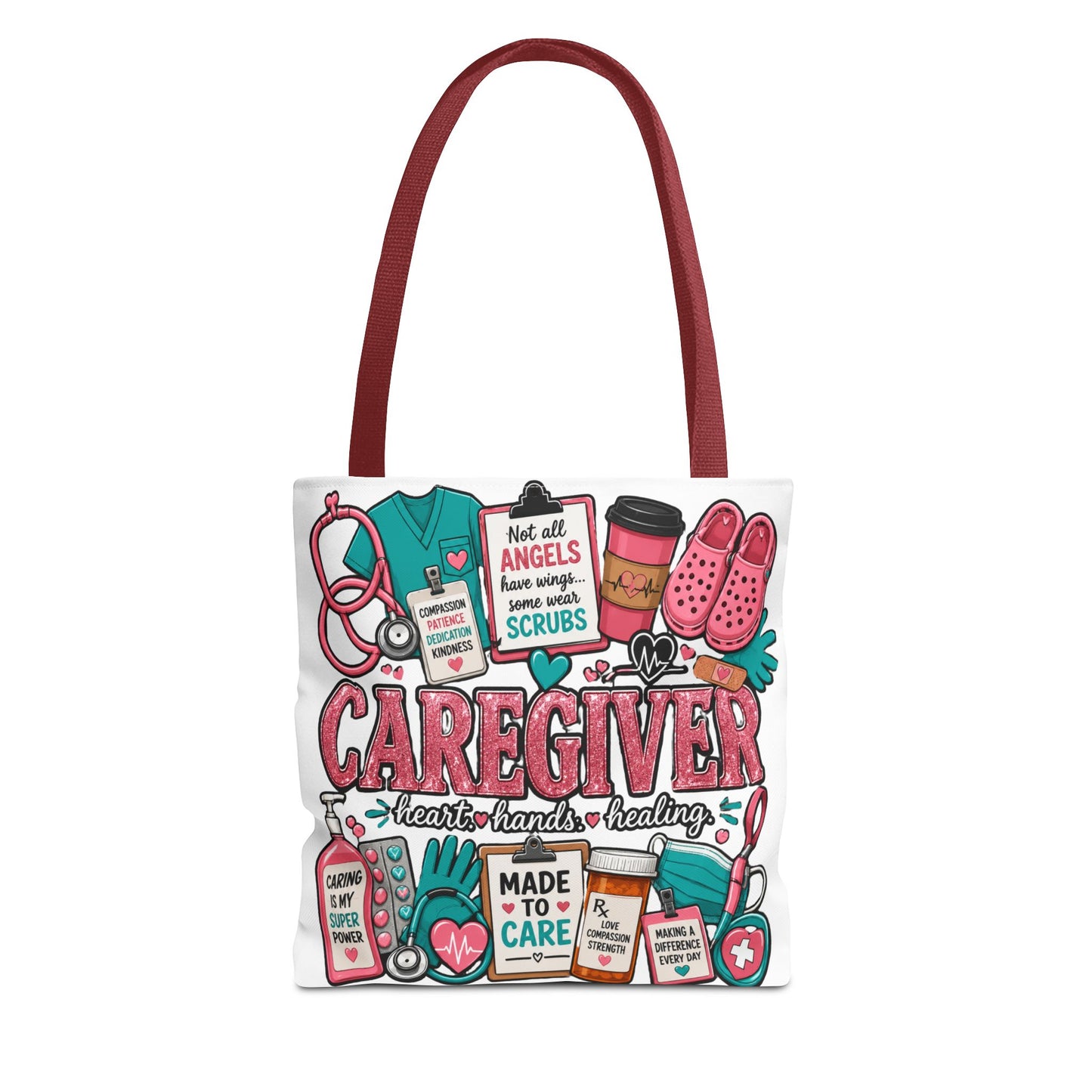 Caregiver Tote Bag — Heart Hands Healing Medical Staff Gift (Scrubs, Stethoscope)