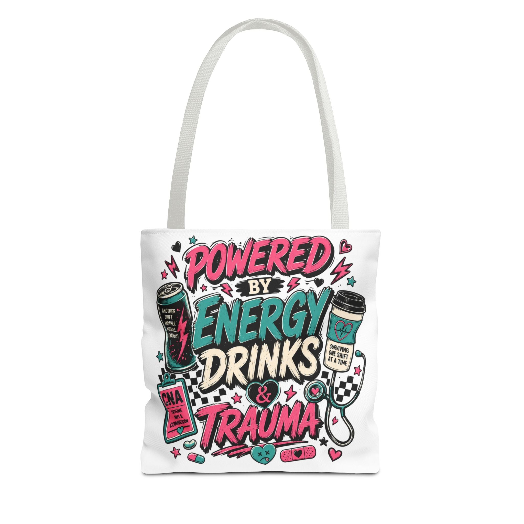 Tote Bag — "Powered by Energy Drinks & Trauma" Graphic Tote for Students, Gamers & Night Owls