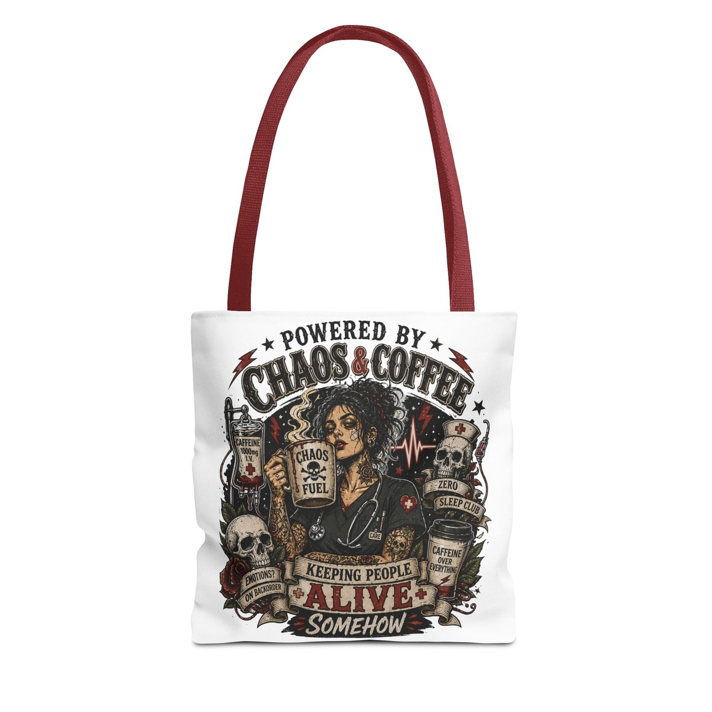 Chaos & Coffee Nurse Tote Bag — 'Powered by Chaos & Coffee' Graphic Tote