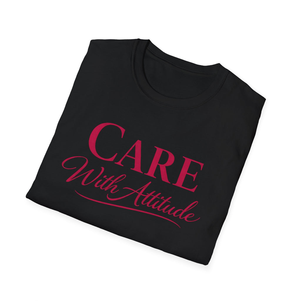 Camiseta "Cuidado con Actitud" — Camiseta de autocuidado con escritura elegante
