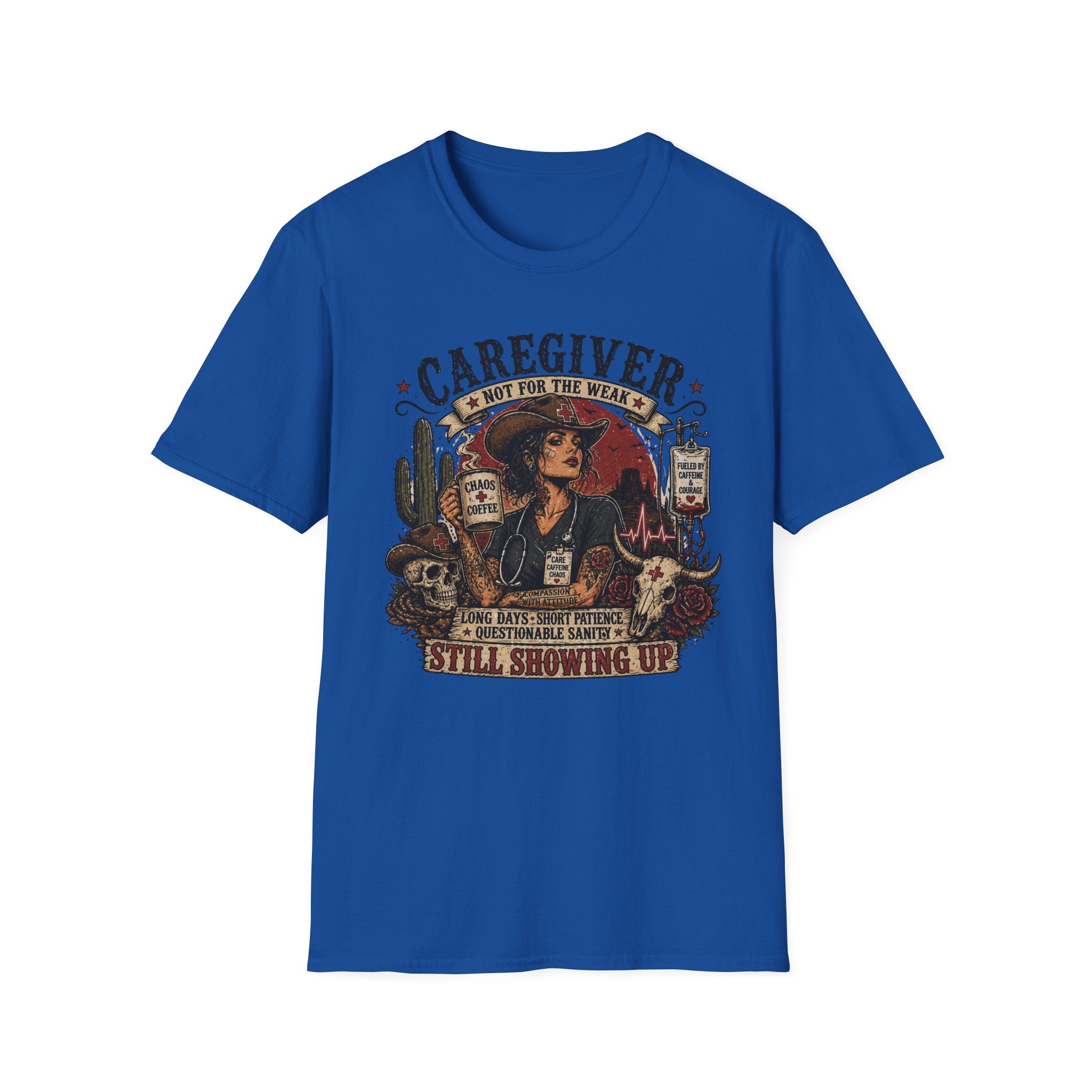 Caregiver Cowboy T-Shirt — "Caregiver: Still Showing Up" Graphic Tee