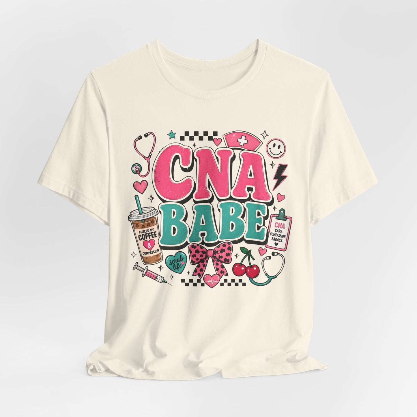 CNA Babe Graphic Tee - Cute Nurse Aide Shirt with Stethoscope, Syringe & Coffee Design
