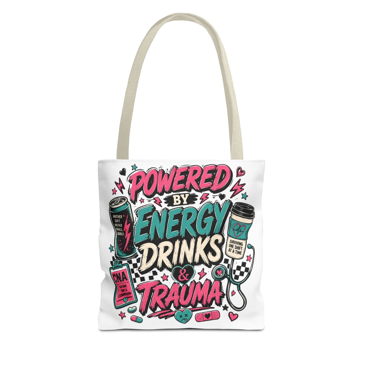 Tote Bag — "Powered by Energy Drinks & Trauma" Graphic Tote for Students, Gamers & Night Owls