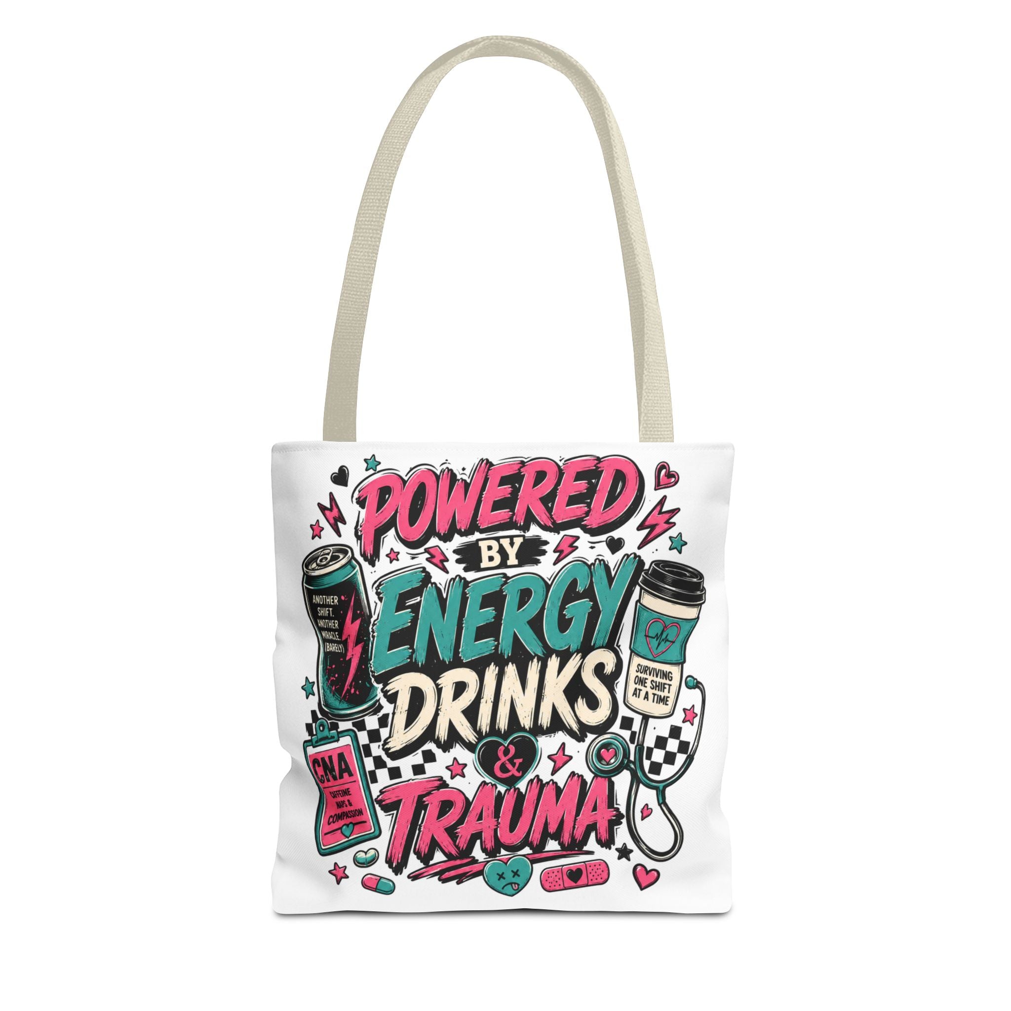 Tote Bag — "Powered by Energy Drinks & Trauma" Graphic Tote for Students, Gamers & Night Owls