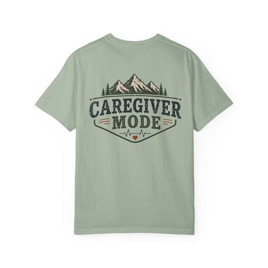 Caregiver Mode T-Shirt — Heartbeat Logo & Mountain Graphic