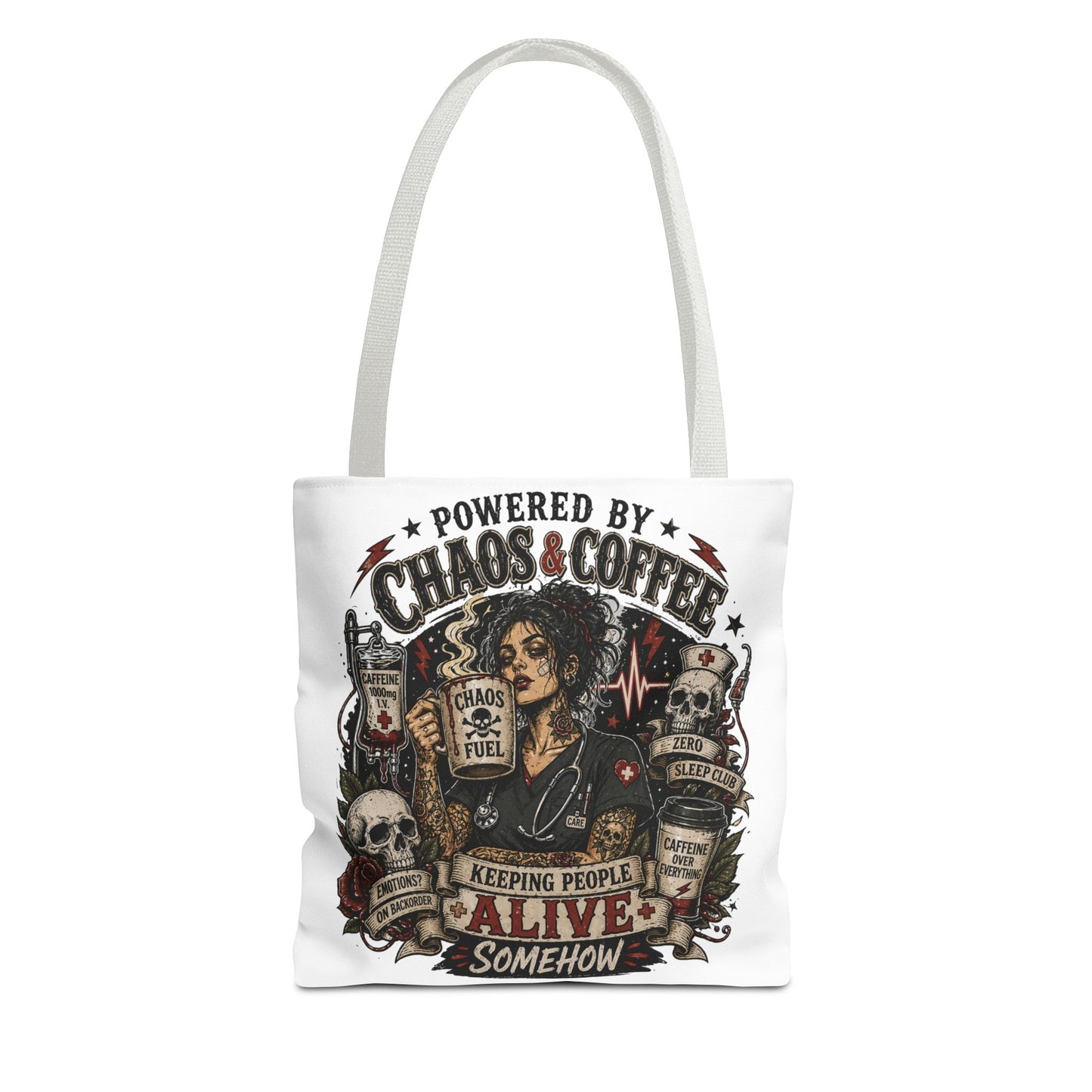 Chaos & Coffee Nurse Tote Bag — 'Powered by Chaos & Coffee' Graphic Tote