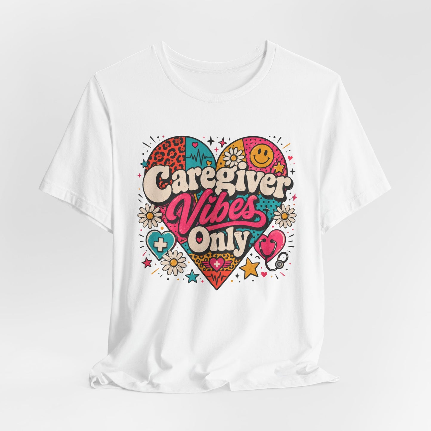 Caregiver Vibes Only T-Shirt — Retro Heart Graphic Tee for Nurses, Caregivers & Healthcare Heroes