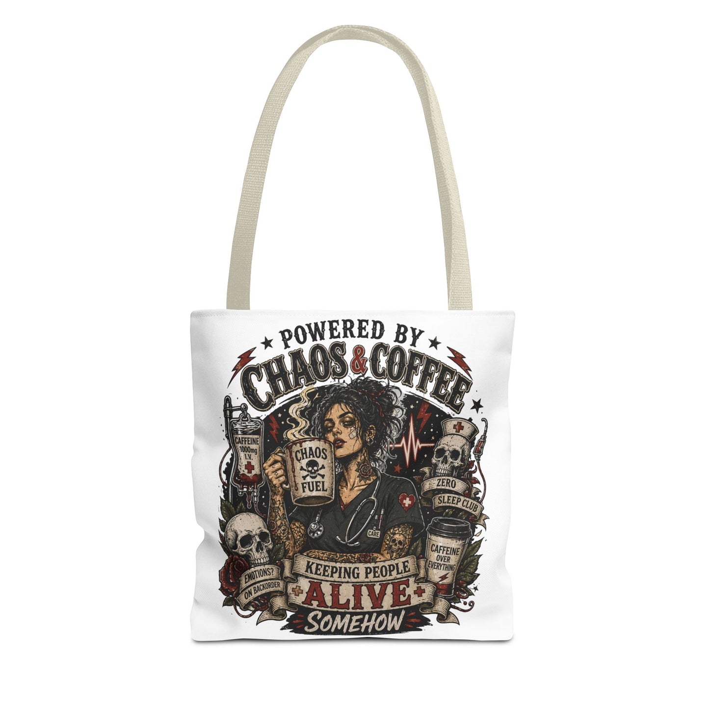 Chaos & Coffee Nurse Tote Bag — 'Powered by Chaos & Coffee' Graphic Tote