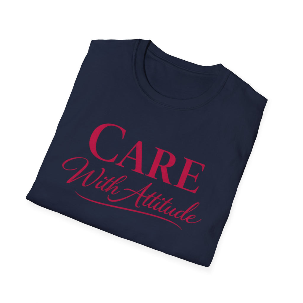 Camiseta "Cuidado con Actitud" — Camiseta de autocuidado con escritura elegante