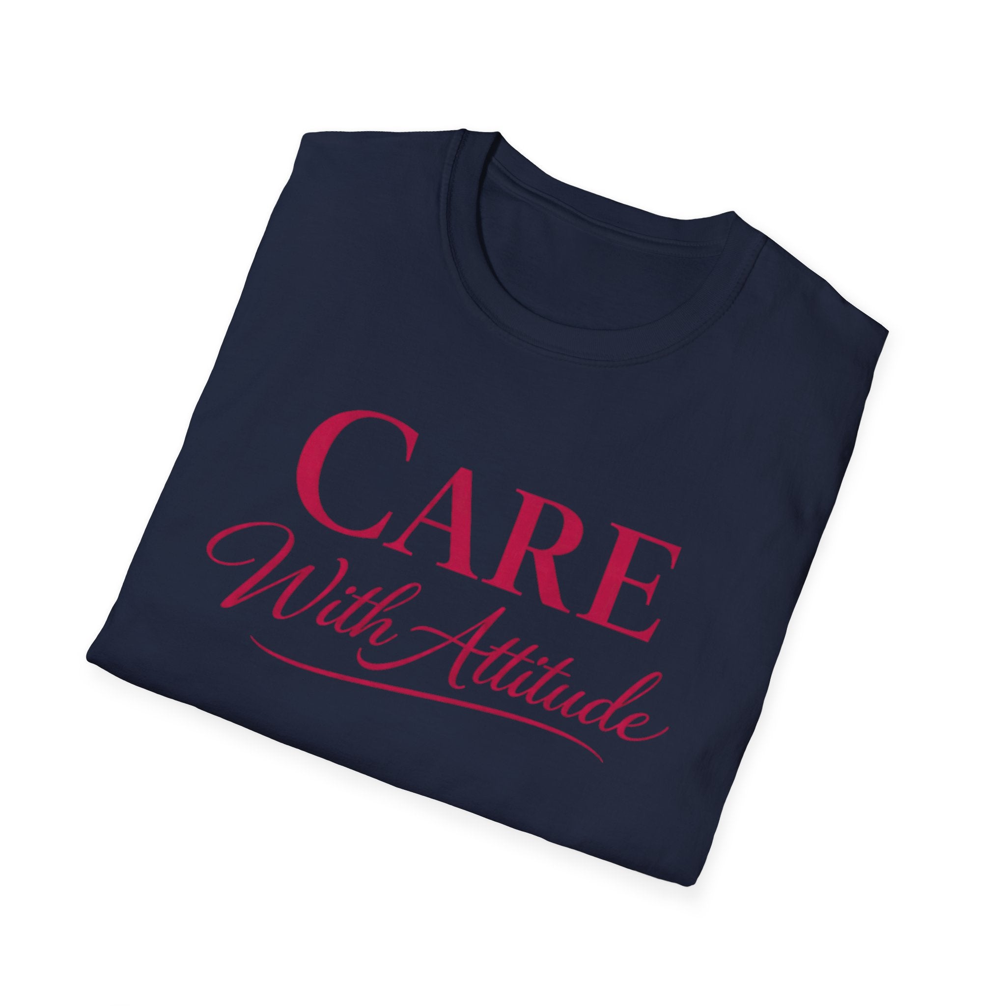 Camiseta "Cuidado con Actitud" — Camiseta de autocuidado con escritura elegante