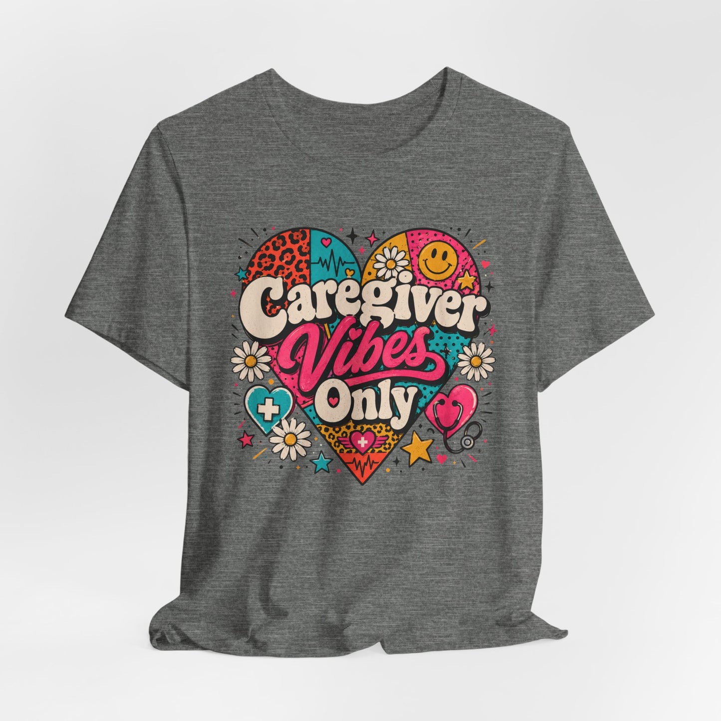 Caregiver Vibes Only T-Shirt — Retro Heart Graphic Tee for Nurses, Caregivers & Healthcare Heroes