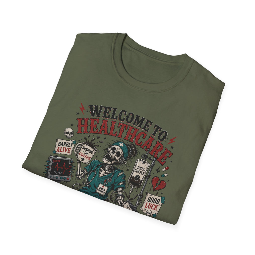 T-Shirt — “Welcome to Healthcare: Where Sleep Is Optional Skull Graphic Tee