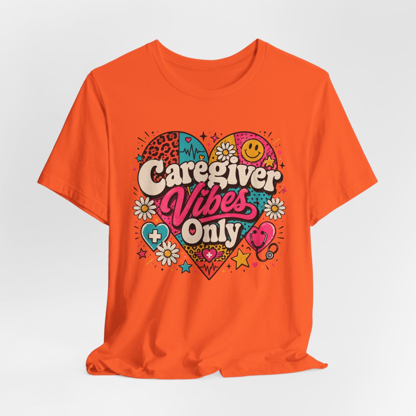 Caregiver Vibes Only T-Shirt — Retro Heart Graphic Tee for Nurses, Caregivers & Healthcare Heroes