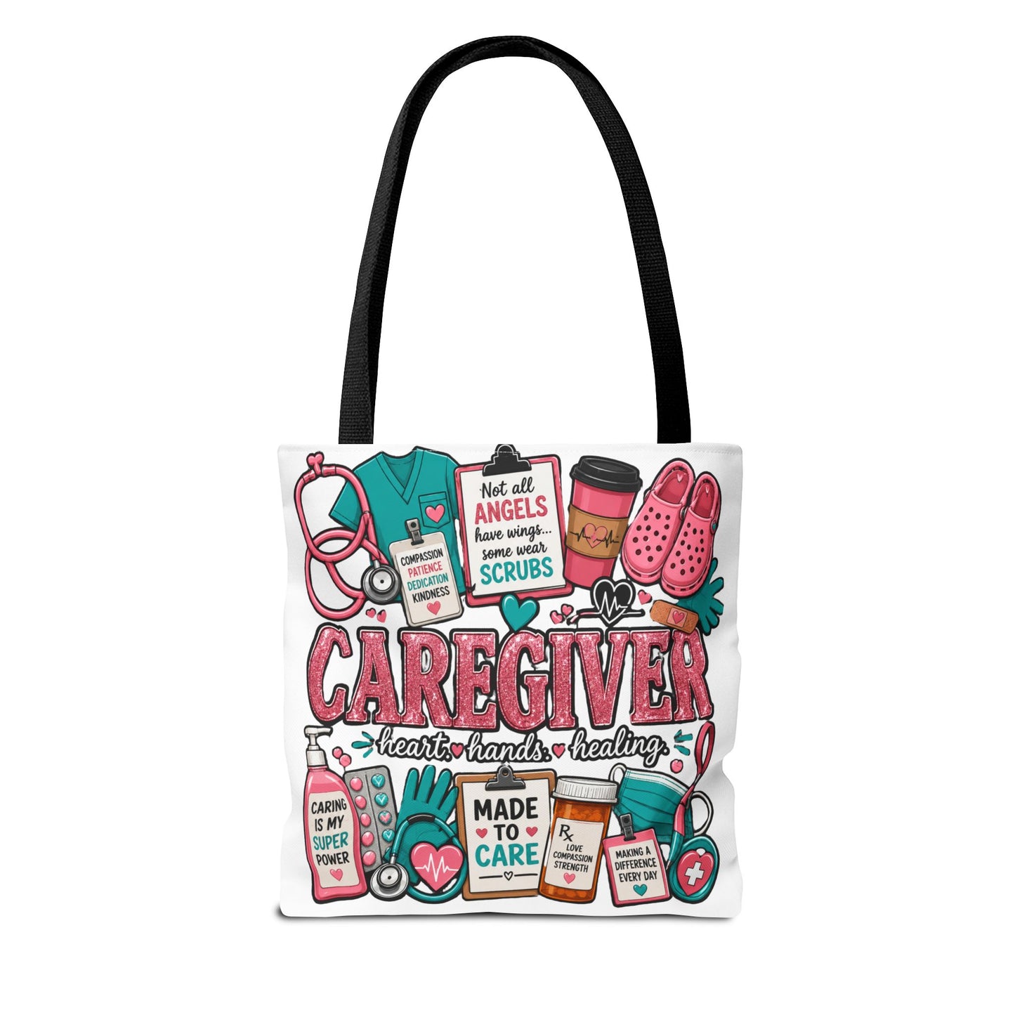 Caregiver Tote Bag — Heart Hands Healing Medical Staff Gift (Scrubs, Stethoscope)