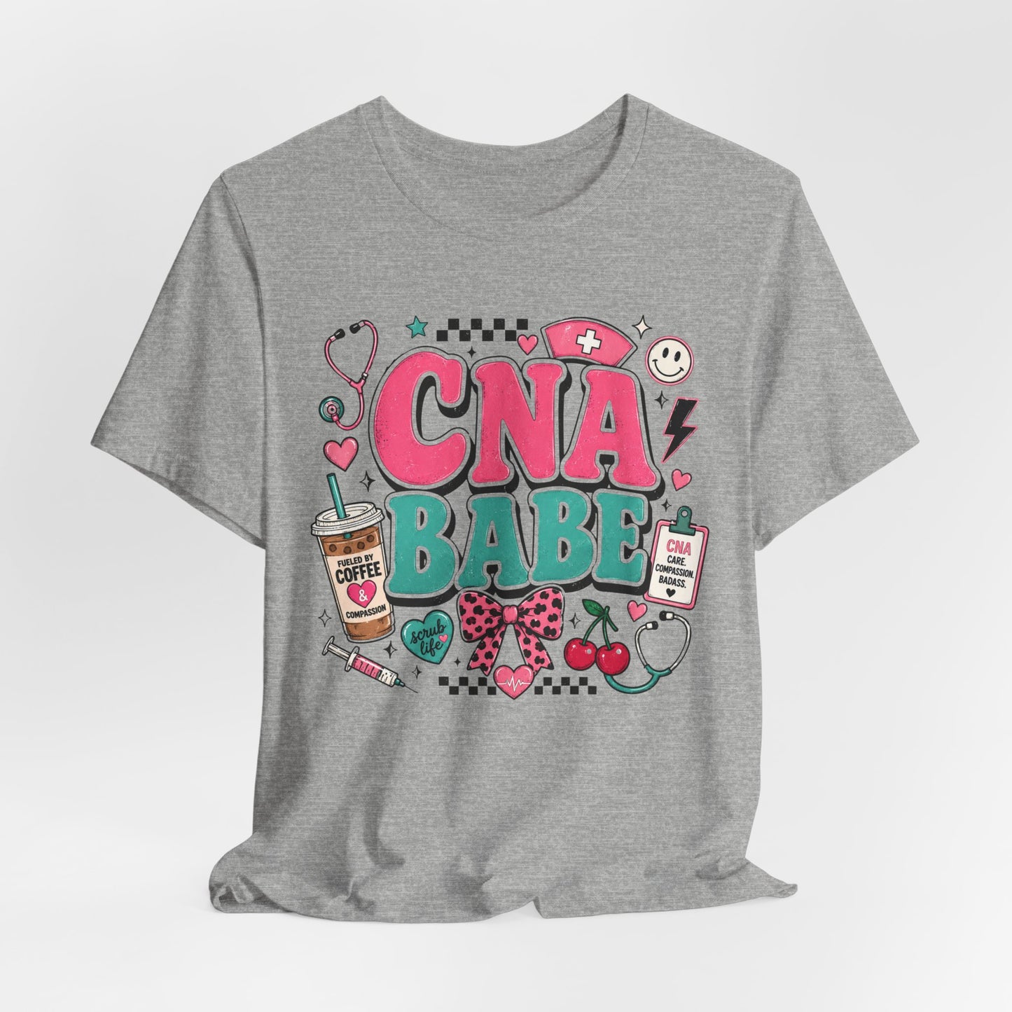 CNA Babe Graphic Tee - Cute Nurse Aide Shirt with Stethoscope, Syringe & Coffee Design