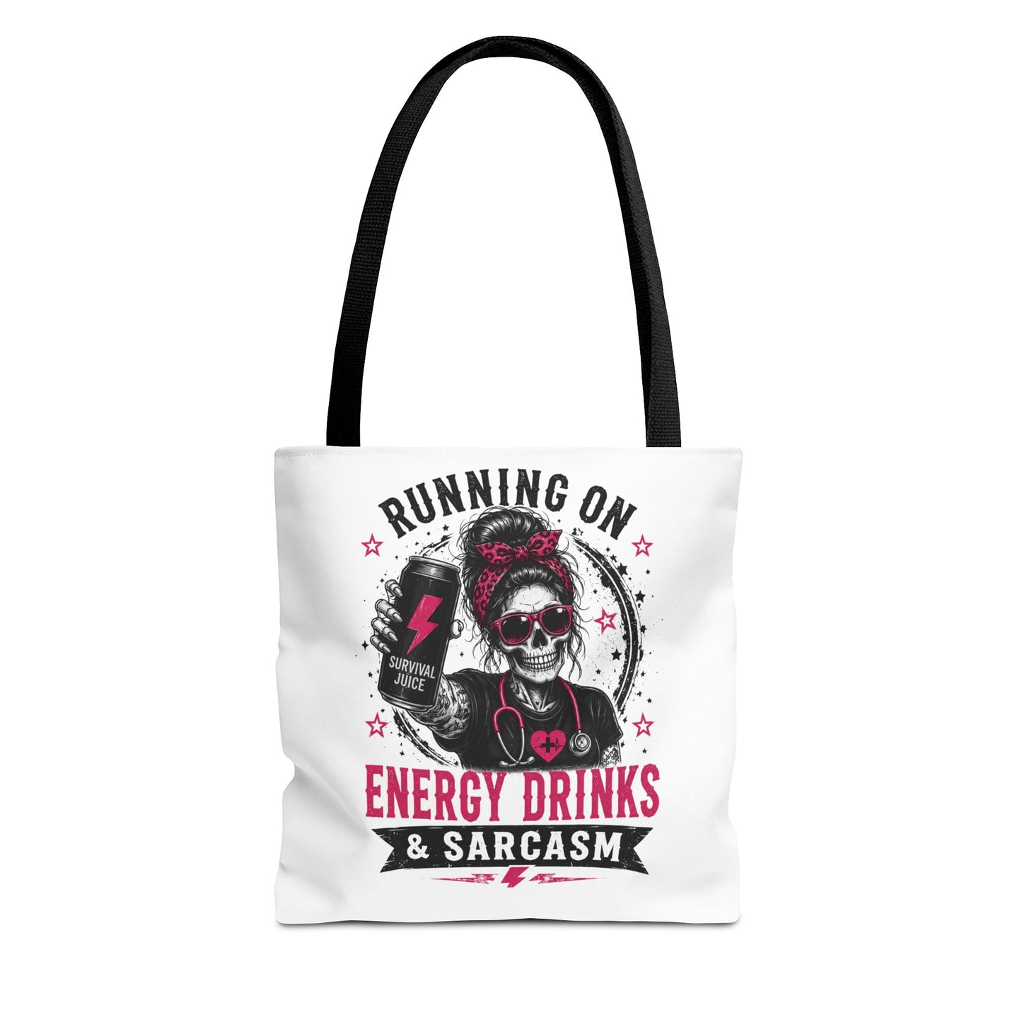 Tote — "Running On Energy Drinks & Sarcasm" Skull Graphic Tote Bag