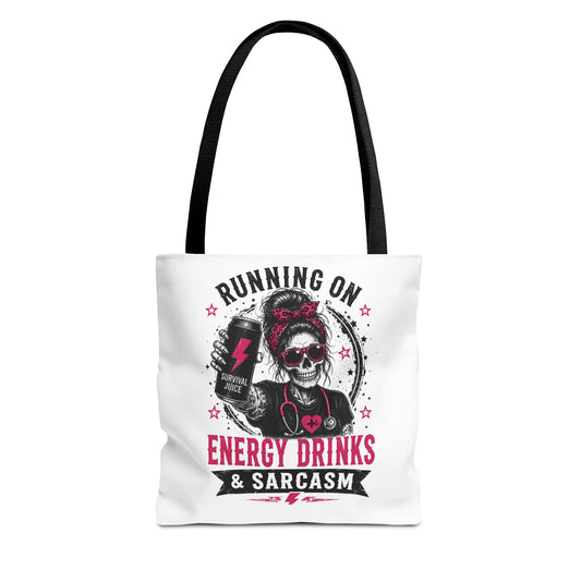 Tote — "Running On Energy Drinks & Sarcasm" Skull Graphic Tote Bag