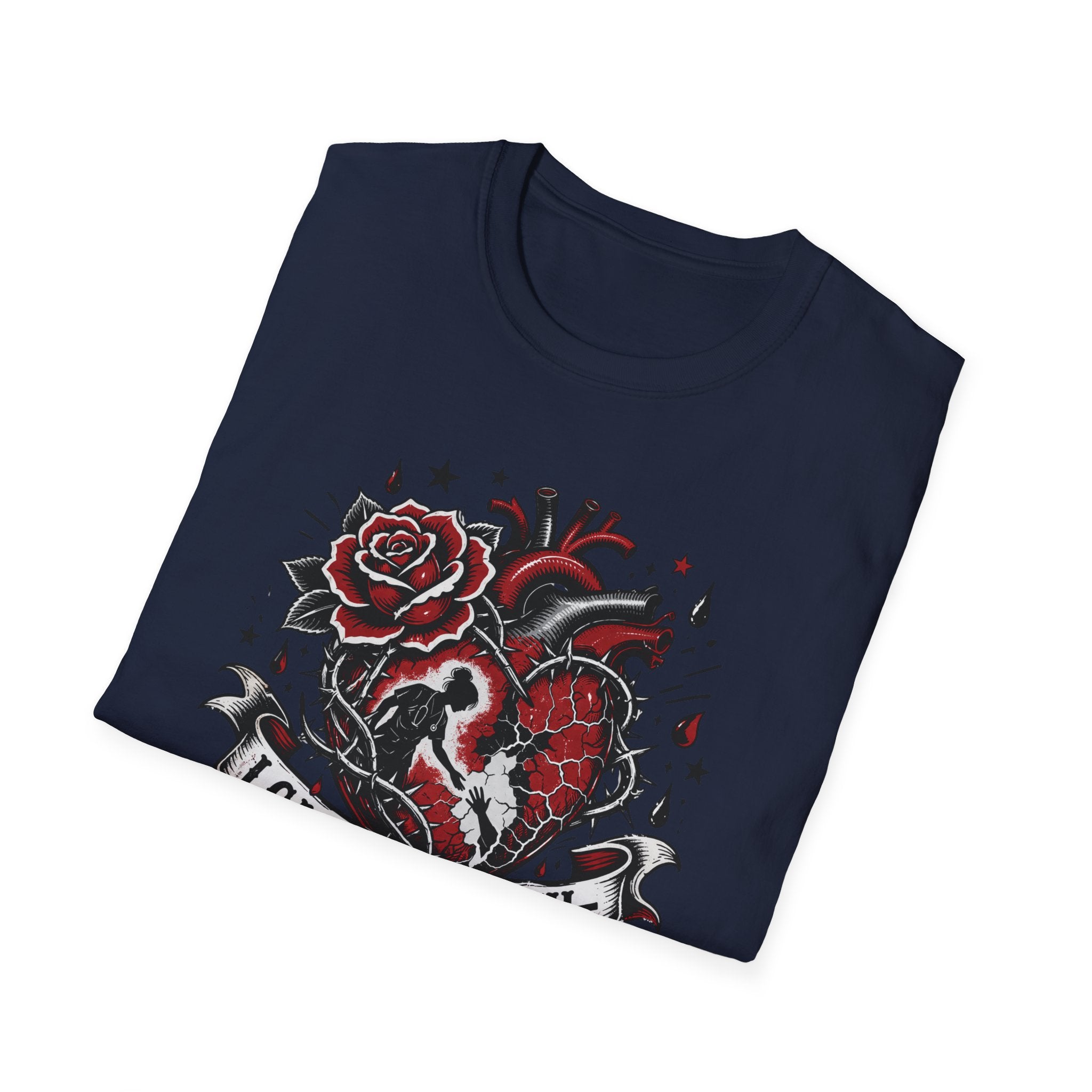 Graphic T-Shirt — 'I Care Too Much, That's the Problem' Heart & Rose Tattoo Design