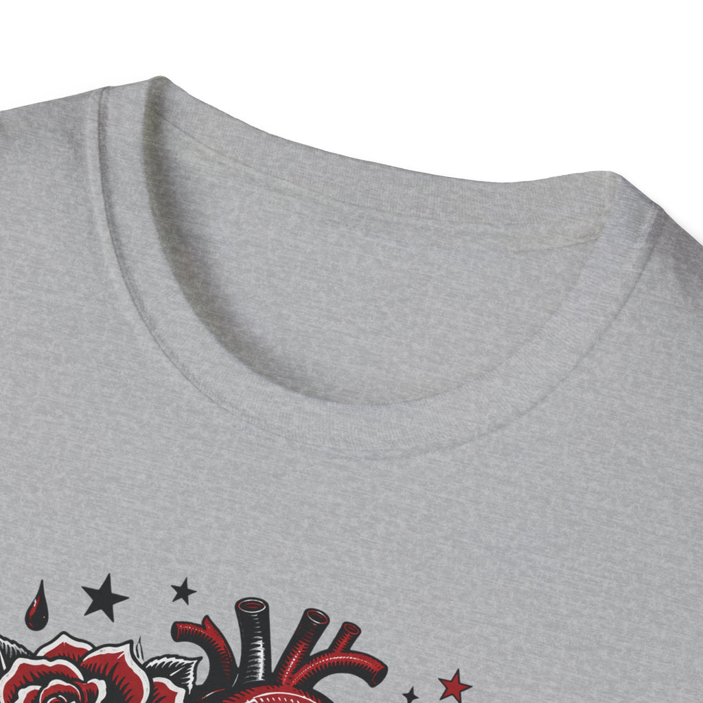 Graphic T-Shirt — 'I Care Too Much, That's the Problem' Heart & Rose Tattoo Design