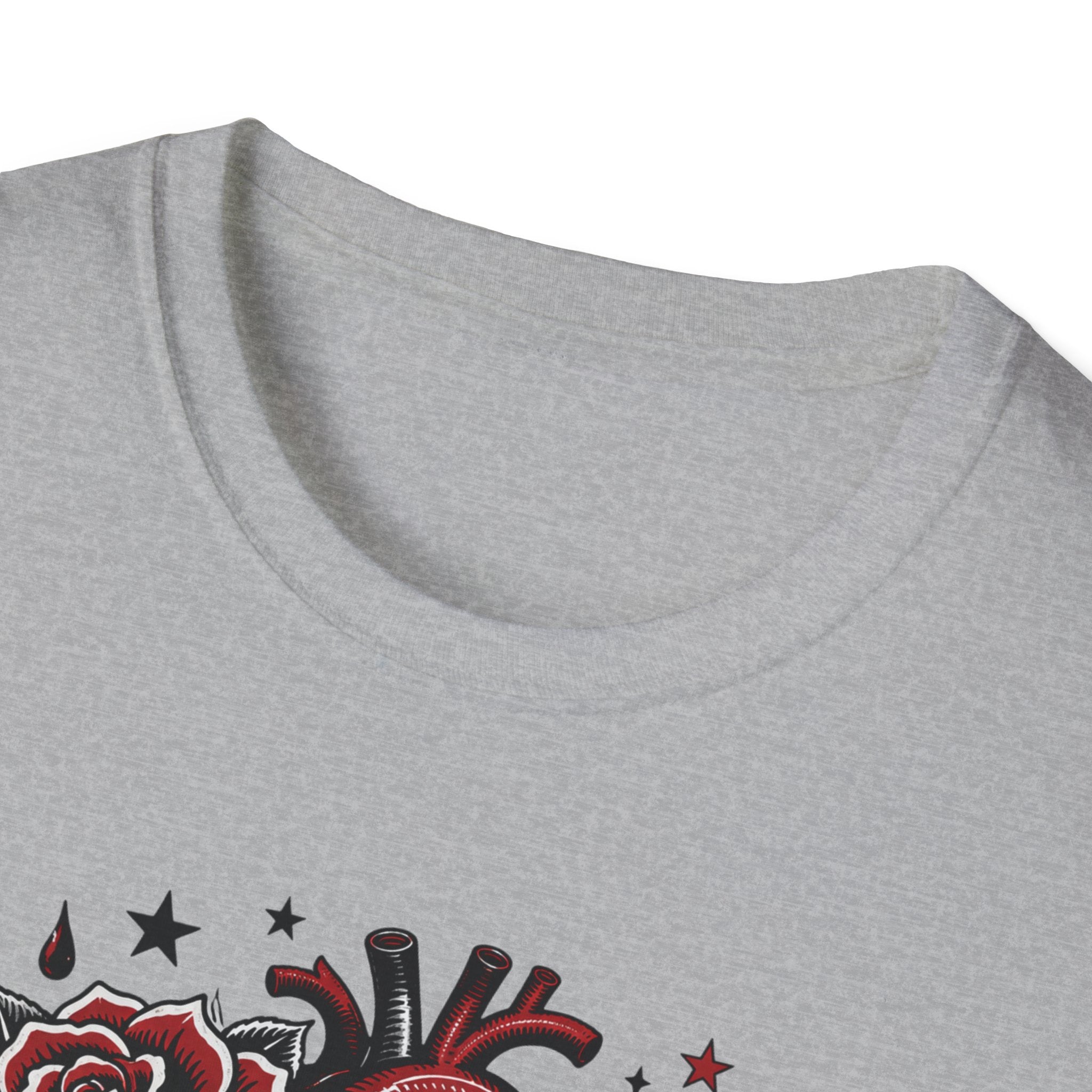 Graphic T-Shirt — 'I Care Too Much, That's the Problem' Heart & Rose Tattoo Design