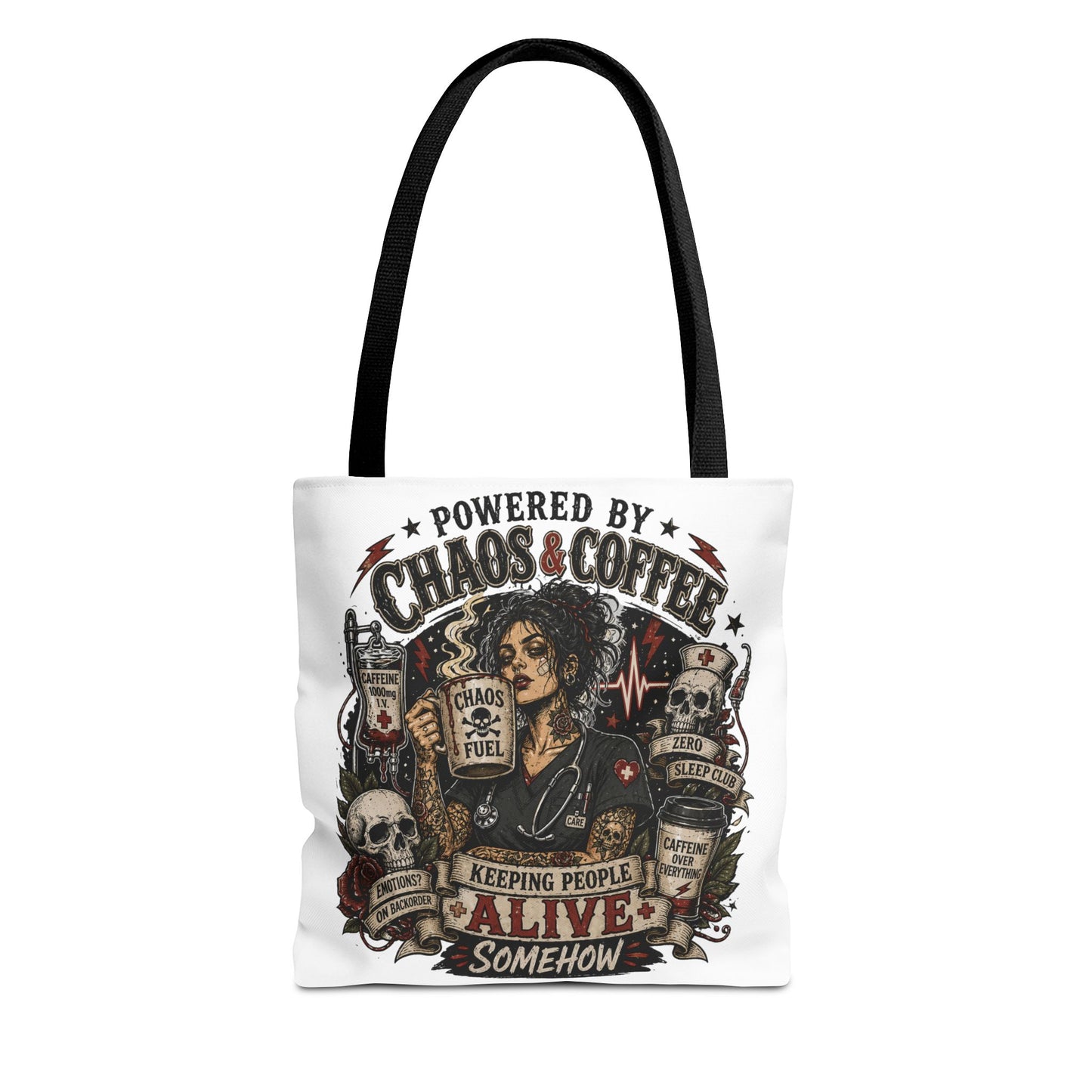 Chaos & Coffee Nurse Tote Bag — 'Powered by Chaos & Coffee' Graphic Tote