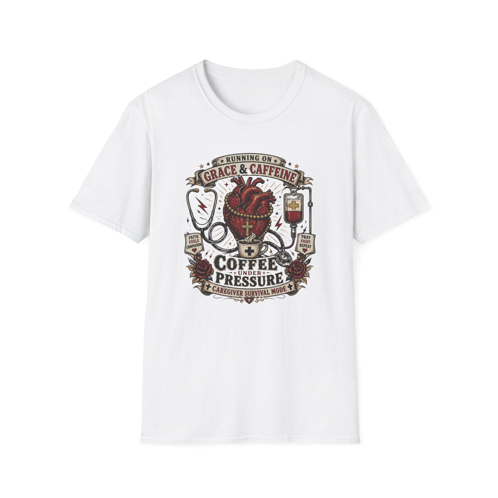 Coffee & Caffeine T-Shirt — 'Coffee Pressures' Heart Medical Graphic Tee