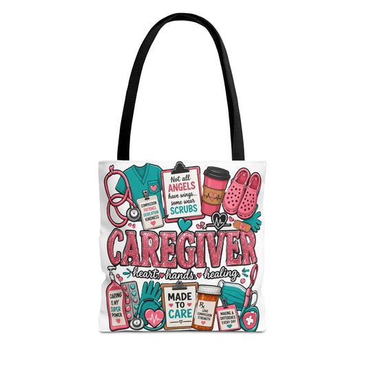 Caregiver Tote Bag — Heart Hands Healing Medical Staff Gift (Scrubs, Stethoscope)
