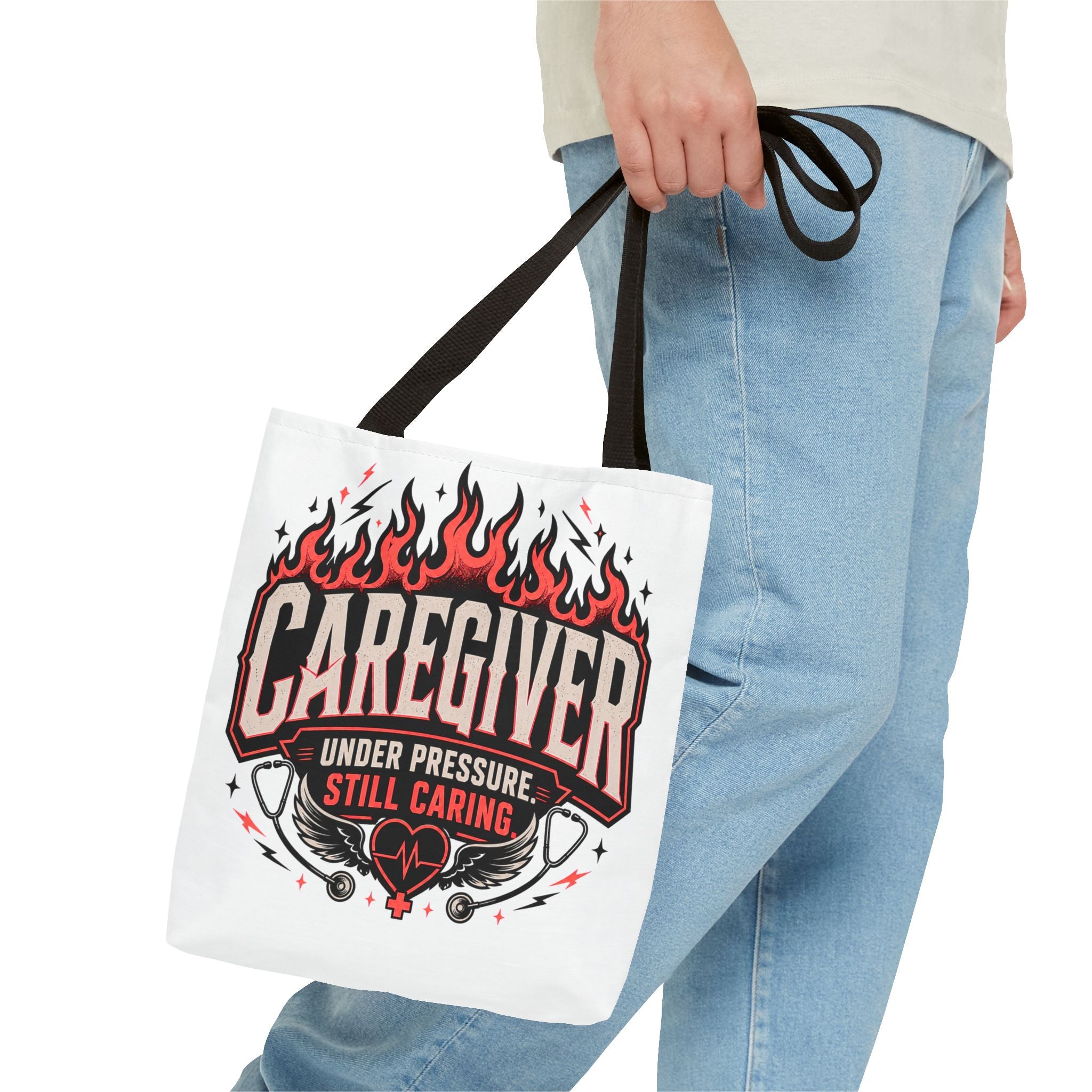 Caregiver Tote Bag — "Under Pressure, Still Caring" Flame Design