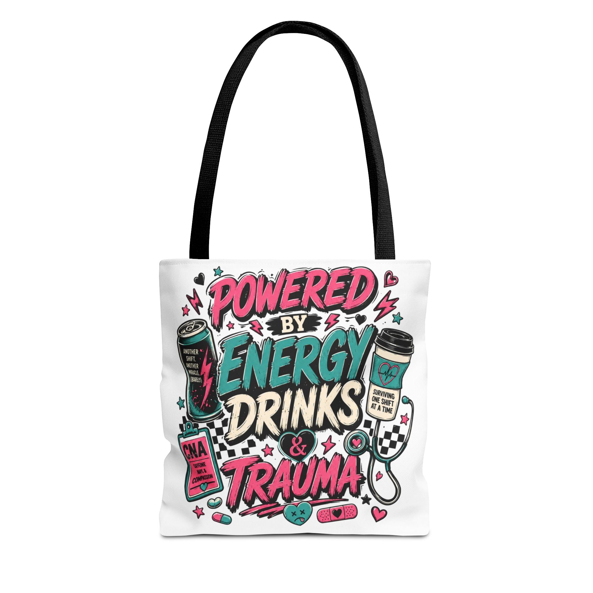 Tote Bag — "Powered by Energy Drinks & Trauma" Graphic Tote for Students, Gamers & Night Owls